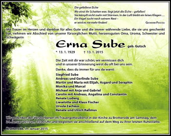 Traueranzeige von Erna Sube von Südthüringer Presse