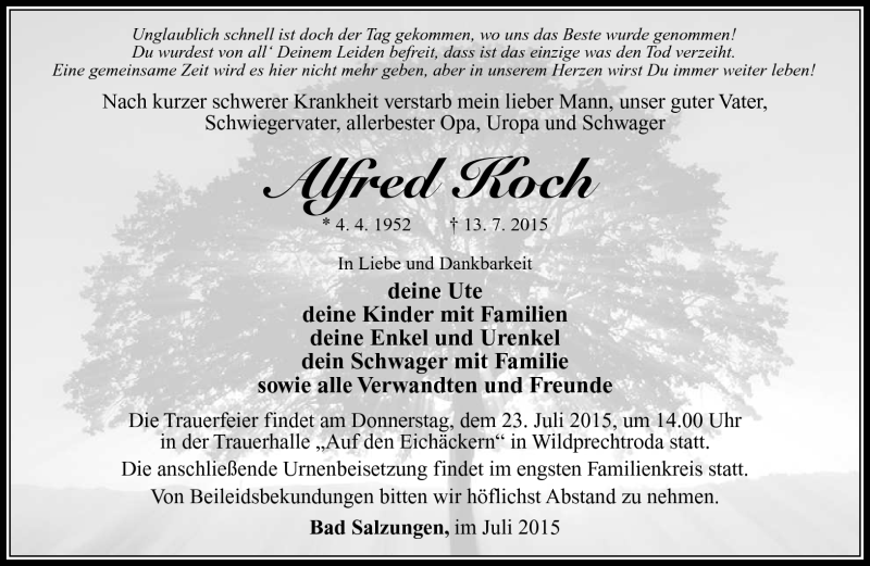  Traueranzeige für Alfred Koch vom 18.07.2015 aus Südthüringer Presse