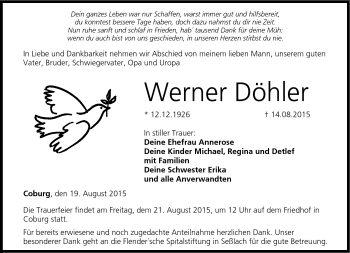 Traueranzeige von Werner Döhler von Neue Presse Coburg