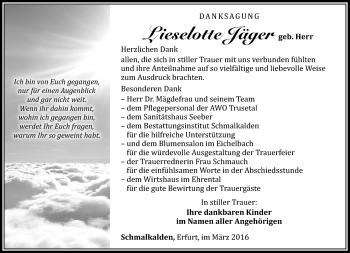 Traueranzeige von Lieselotte Jäger von Südthüringer Presse