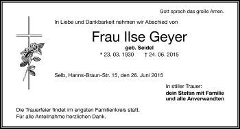 Traueranzeige von Ilse Geyer von Frankenpost