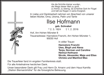 Traueranzeige von Ilse Hofmann von Frankenpost
