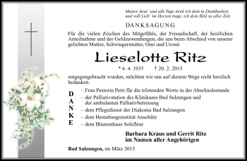 Traueranzeige von Lieselotte Ritz von Südthüringer Presse