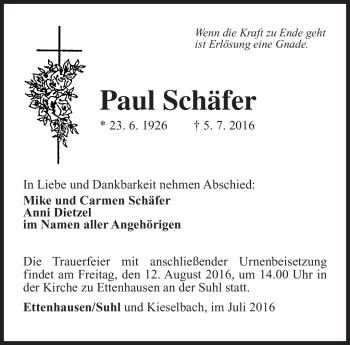 Traueranzeige von Paul Schäfer von Südthüringer Presse