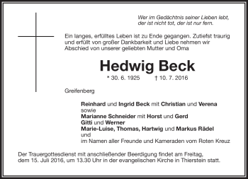 Traueranzeige von Hedwig Beck von Frankenpost