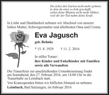 Traueranzeige von Eva Jagusch von Südthüringer Presse