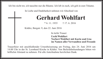 Traueranzeige von Gerhard Wohlfart von Frankenpost