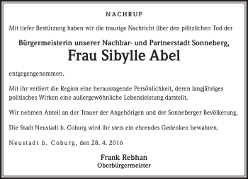 Traueranzeige von Sibylle Abel von Neue Presse Coburg