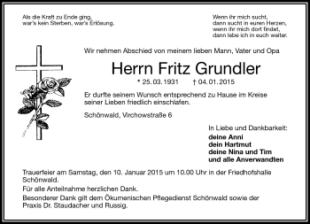Traueranzeige von Fritz Grundler von Frankenpost