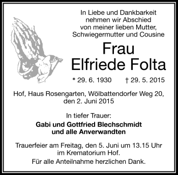 Traueranzeige von Elfriede Folta von Frankenpost