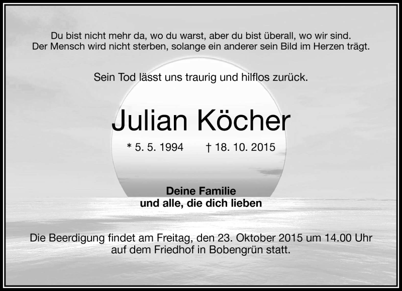  Traueranzeige für Julian Köcher vom 22.10.2015 aus Frankenpost