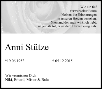 Traueranzeige von Anni Stütze von Frankenpost