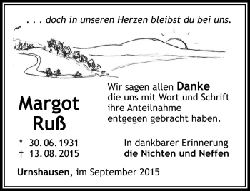 Traueranzeige von Margot Ruß von Südthüringer Presse