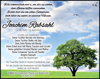 Traueranzeige von Joachim Rabsahl von Südthüringer Presse