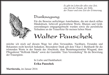 Traueranzeige von Walter Pauschek von Südthüringer Presse