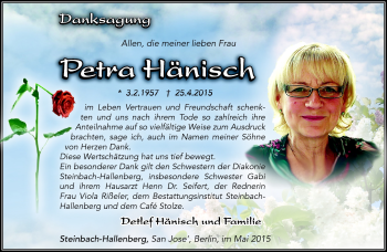 Traueranzeige von Petra Hänisch von Südthüringer Presse
