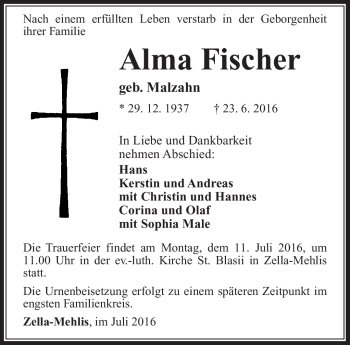 Traueranzeige von Alma Fischer von Südthüringer Presse
