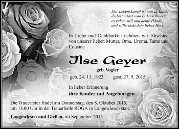 Traueranzeige von Ilse Geyer von Südthüringer Presse
