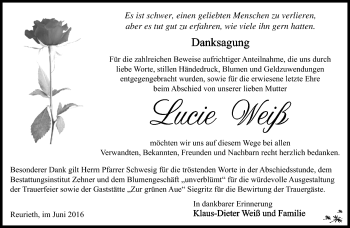 Traueranzeige von Lucie Weiß von Südthüringer Presse
