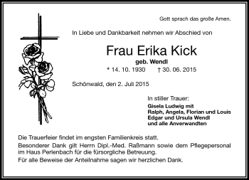 Traueranzeige von Erika Kick von Frankenpost