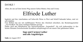 Traueranzeige von Elfriede Luther von Südthüringer Presse