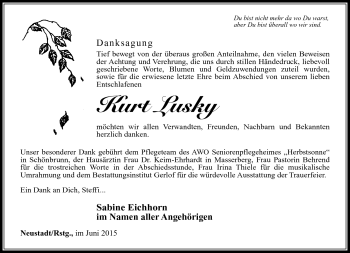 Traueranzeige von Kurt Lusky von Südthüringer Presse