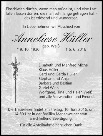 Traueranzeige von Anneliese Hüller von Frankenpost