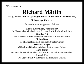 Traueranzeige von Richard Märtin von Südthüringer Presse