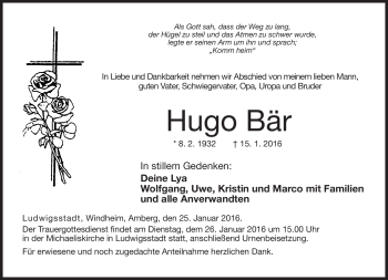 Traueranzeige von Hugo Bär von Neue Presse Coburg