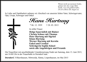 Traueranzeige von Hans Hartung von Südthüringer Presse