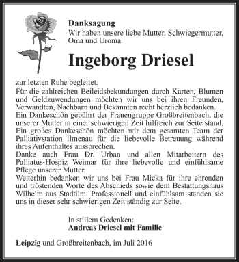 Traueranzeige von Ingeborg Driesel von Südthüringer Presse