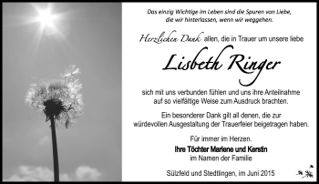 Traueranzeige von Liesbeth Ringer von Südthüringer Presse