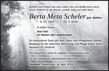 Traueranzeige von Berta Meta Scheler von Südthüringer Presse