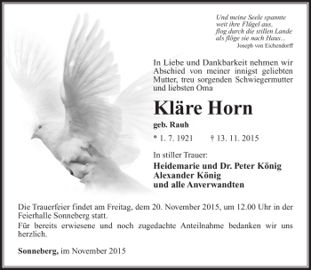 Traueranzeige von Kläre Horn von Südthüringer Presse