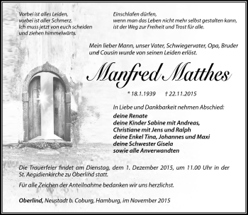 Traueranzeige von Manfred Matthes von Südthüringer Presse