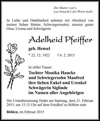 Traueranzeige von Adelheid Pfeiffer von Südthüringer Presse