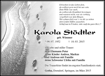 Traueranzeige von Karola Stödtler von Südthüringer Presse