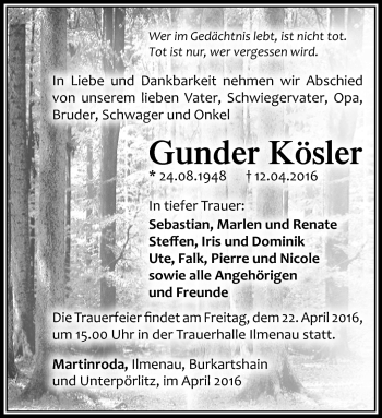 Traueranzeige von Gunder Kösler von Südthüringer Presse