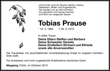 Traueranzeige von Tobias Prause von Südthüringer Presse