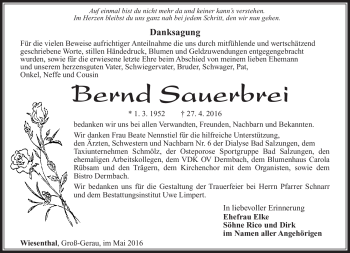 Traueranzeige von Bernd Sauerbrei von Südthüringer Presse
