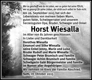Traueranzeige von Horst Wiesalla von Südthüringer Presse