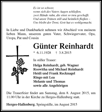 Traueranzeige von Günter Reinhardt von Südthüringer Presse