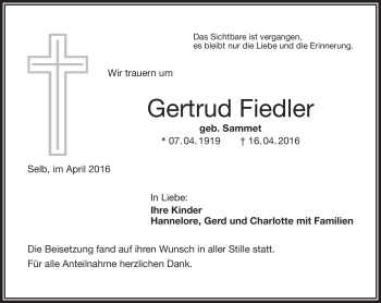 Traueranzeige von Gertrud Fiedler von Frankenpost