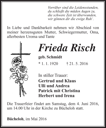 Traueranzeige von Frieda Risch von Südthüringer Presse