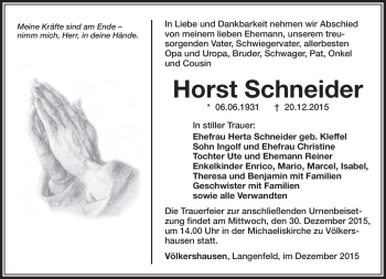 Traueranzeige von Horst Schneider von Südthüringer Presse