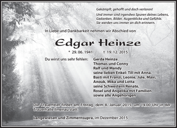 Traueranzeige von Edgar Heinze von Südthüringer Presse