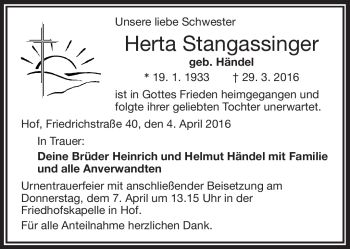 Traueranzeige von Herta Stangassinger von Frankenpost