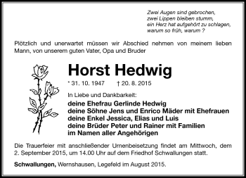 Traueranzeige von Horst Hedwig von Südthüringer Presse