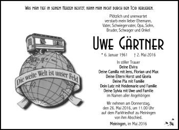 Traueranzeige von Uwe Gärtner von Südthüringer Presse
