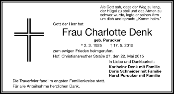 Traueranzeige von Charlotte Denk von Frankenpost